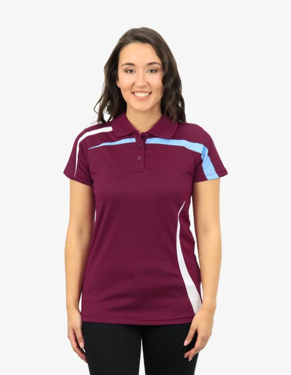 A maroon polo shirt featuring blue and white accents, displayed on a smiling woman. The shirt has a logo.