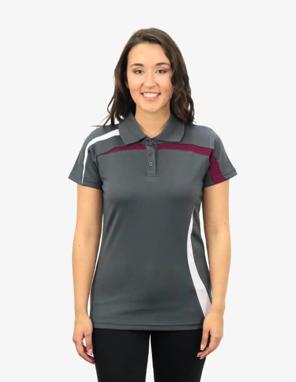 A grey polo shirt with white and maroon accents, featuring a collar and three buttons, worn by a smiling woman.