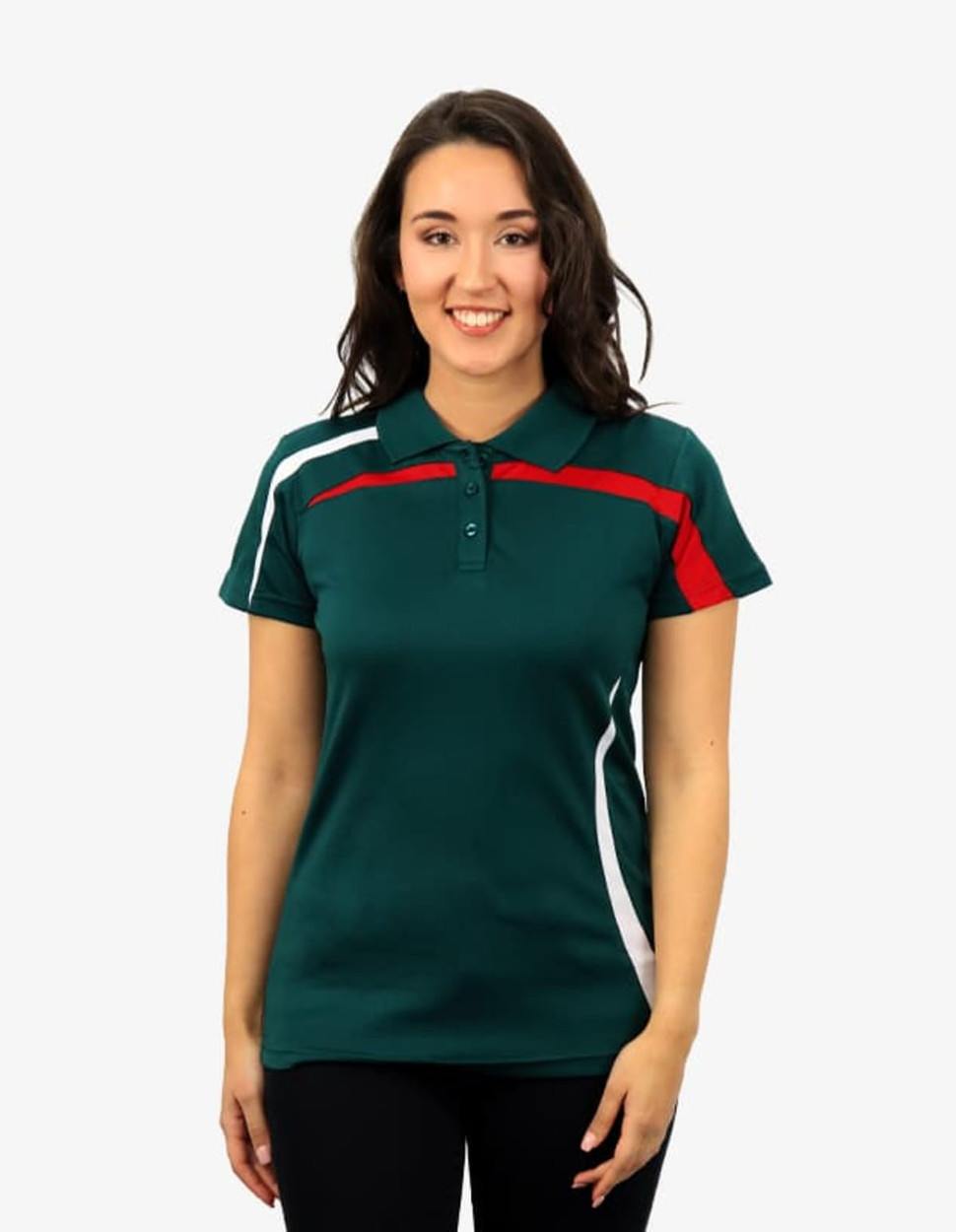 A green polo shirt featuring red and white accents, designed for women's wear. It includes a branding logo.