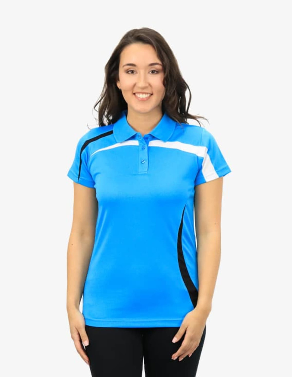 A blue polo shirt with white and black accents, featuring a logo. Styled on a model against a plain background.