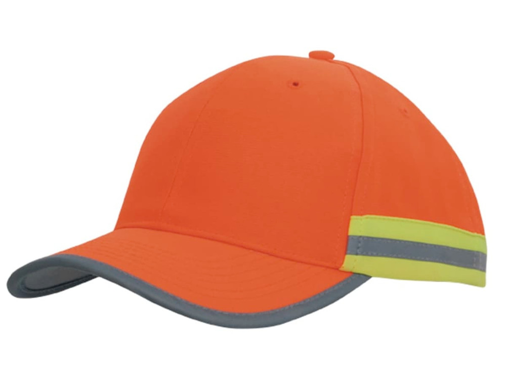 A bright orange cap with grey trim and reflective tape on the side, featuring a logo.