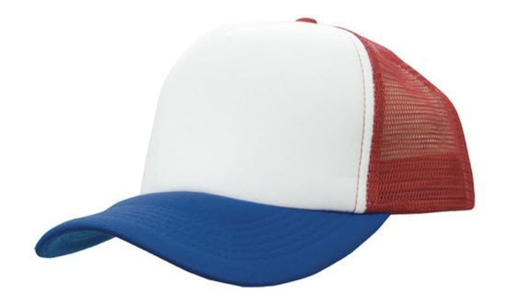 A truckers mesh cap featuring a white front, red mesh sides, and a blue brim. It includes branding details.