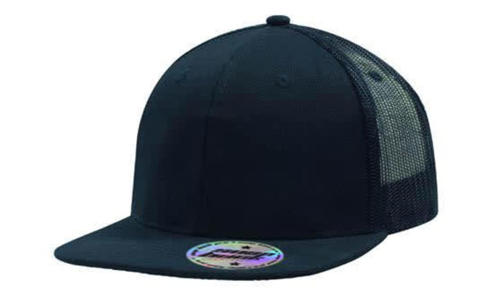 A black snapback cap featuring a mesh design at the back and a logo sticker on the front.