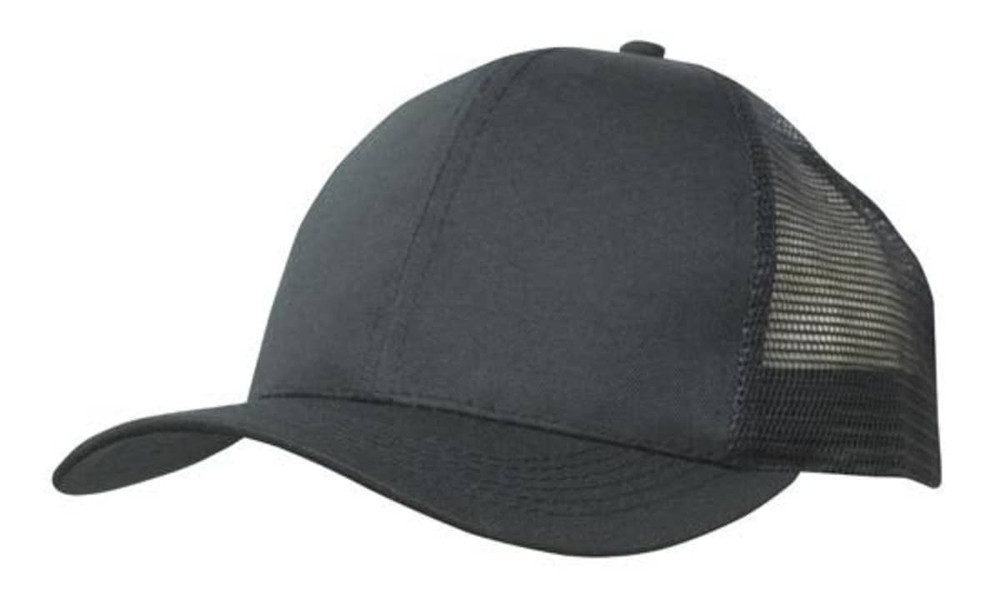 A black breathable poly twill cap with a mesh back and a curved peak. It features a logo on the front.