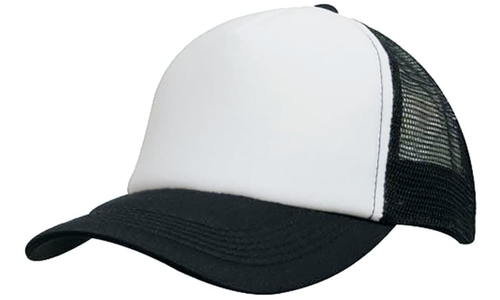 A black and white kids trucker cap featuring a solid front panel and mesh back with a curved brim.