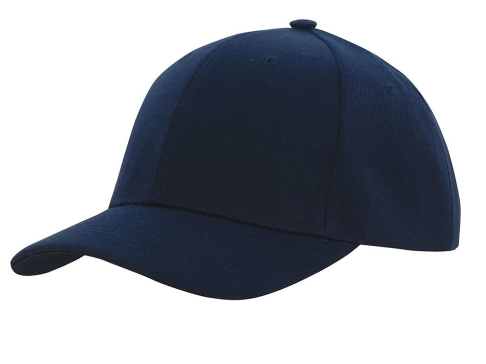 A navy blue college cap with a curved brim and a rounded top, featuring a logo on the front.