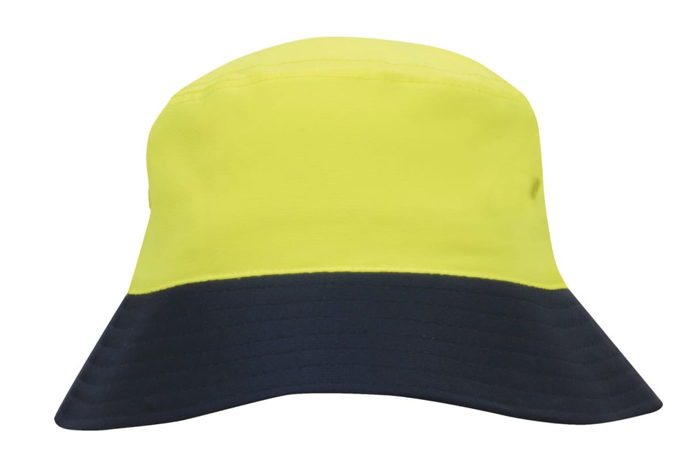 A luminescent yellow and navy bucket hat with a wide brim and an internal logo. Ideal for safety and visibility.