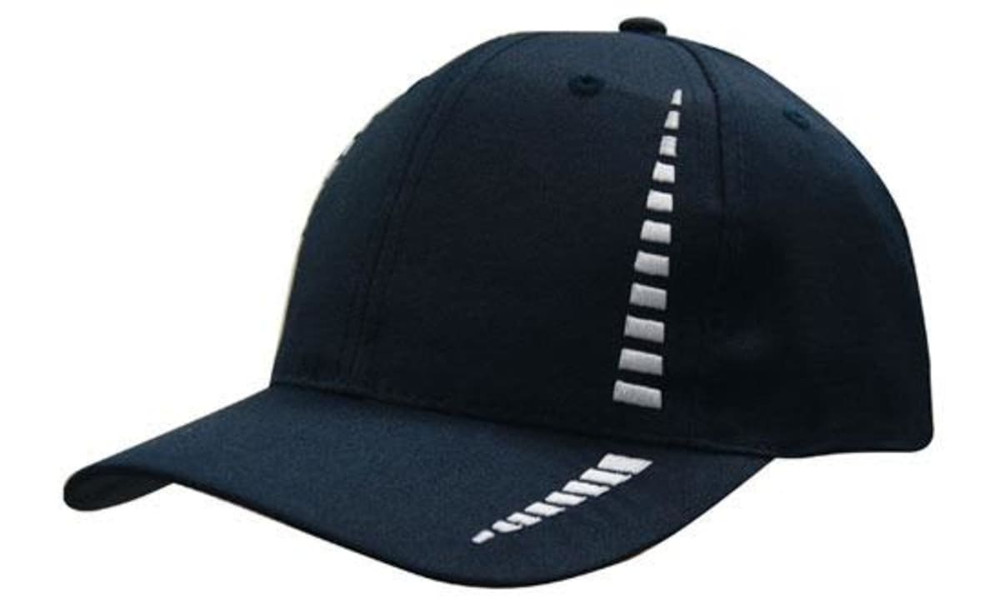 A navy cap with a breathable poly twill fabric and a small check pattern, featuring a logo on the front.