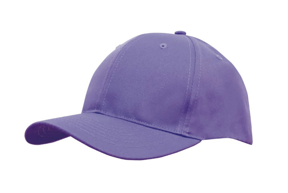 A purple breathable poly twill cap featuring a curved brim and a logo.