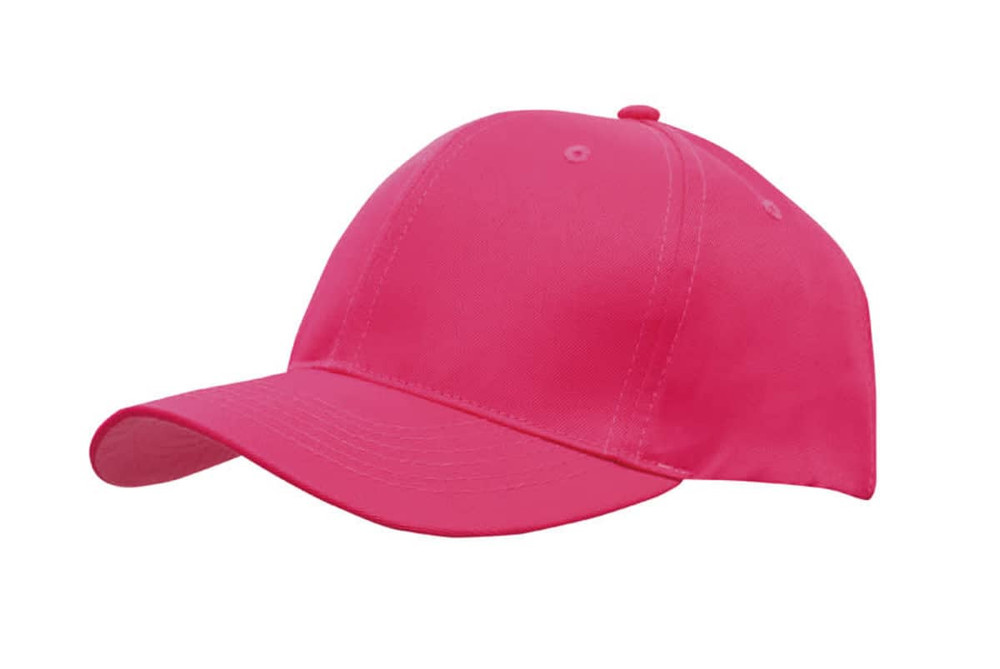 A pink breathable poly twill cap featuring a structured design and a logo on the front.