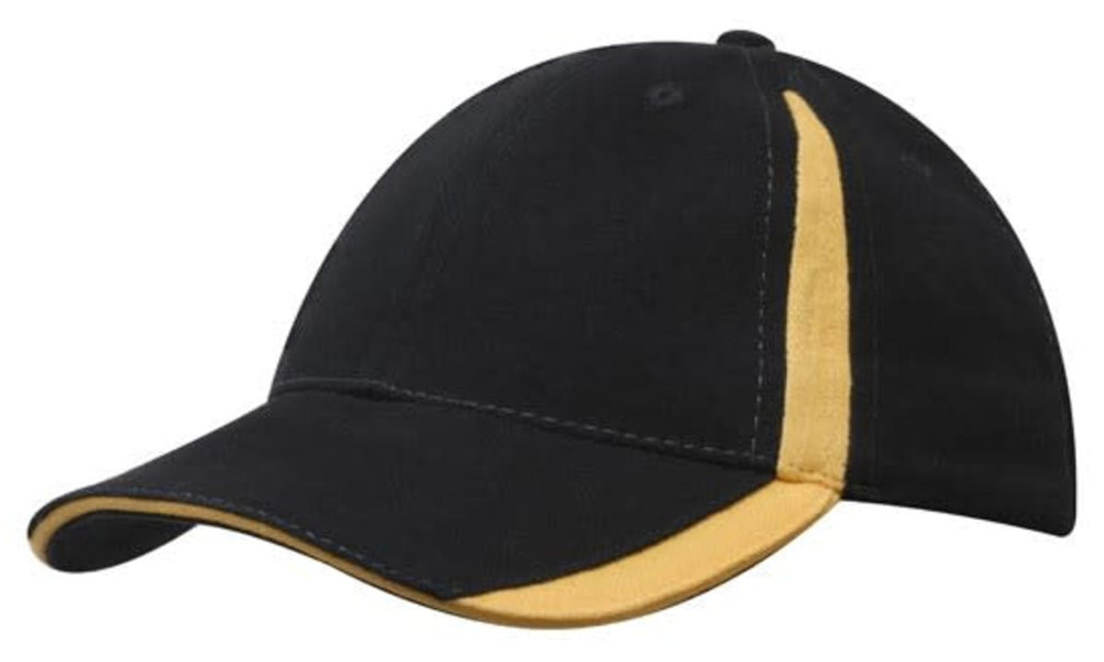 A black cap with yellow inserts on the peak and crown, featuring a logo.