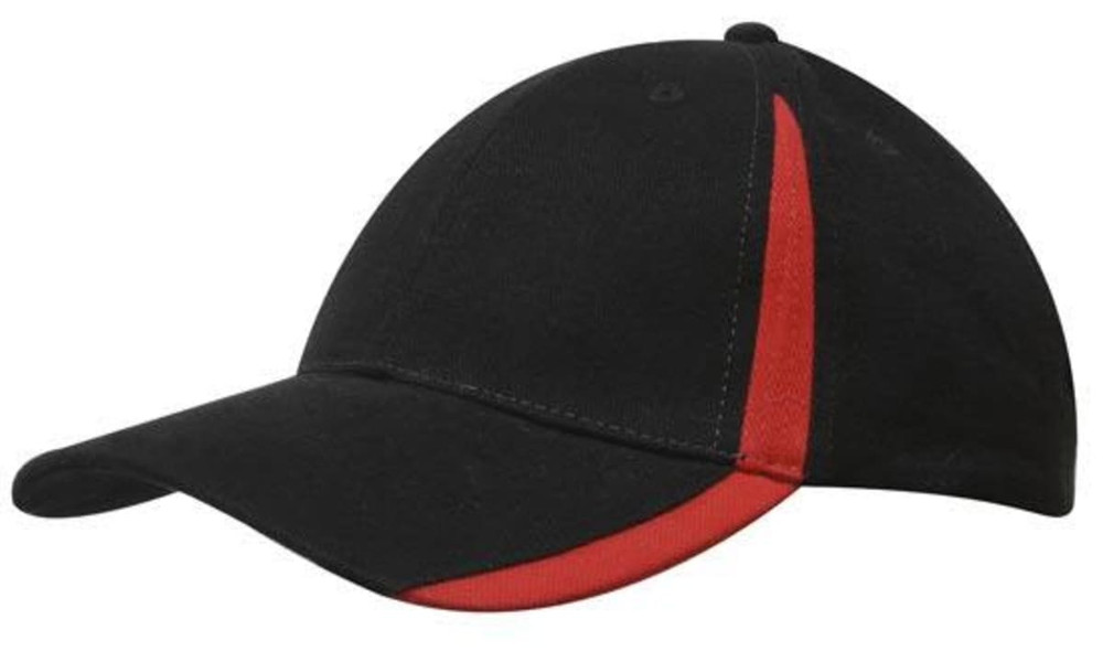 A black cap with a red insert on the peak and crown, featuring a logo.