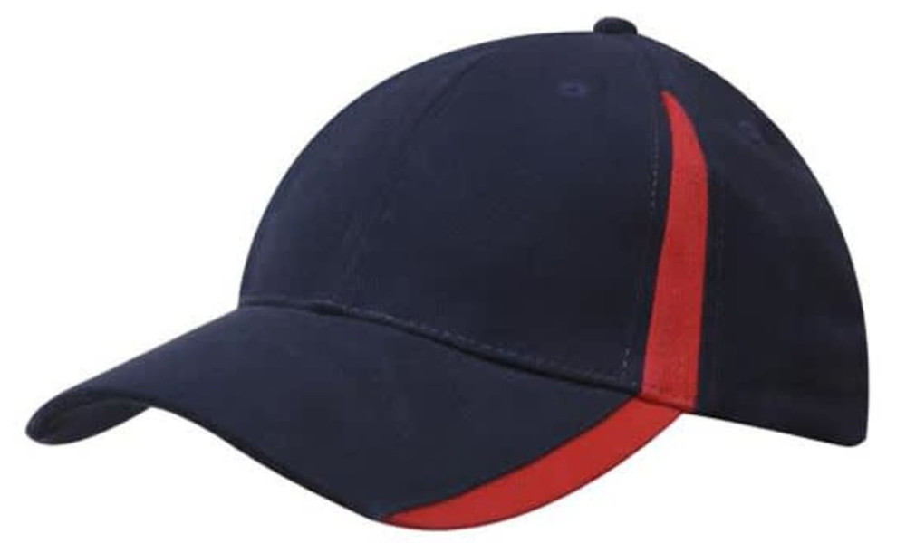 A navy cap with a red accent on the peak and crown, featuring a logo.