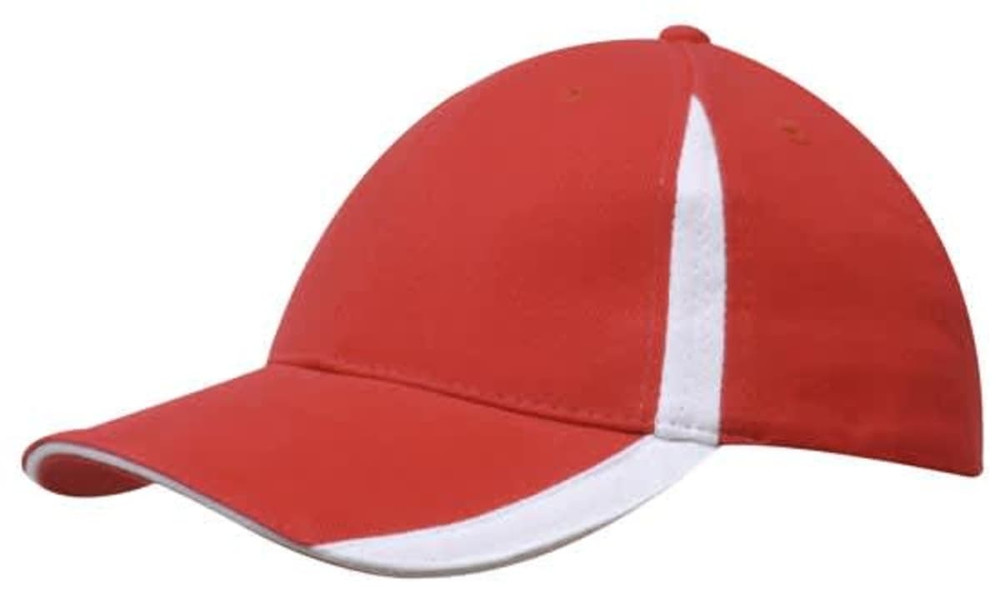 A red cap with white inserts on the peak and crown, featuring a logo. Made from brushed heavy cotton.