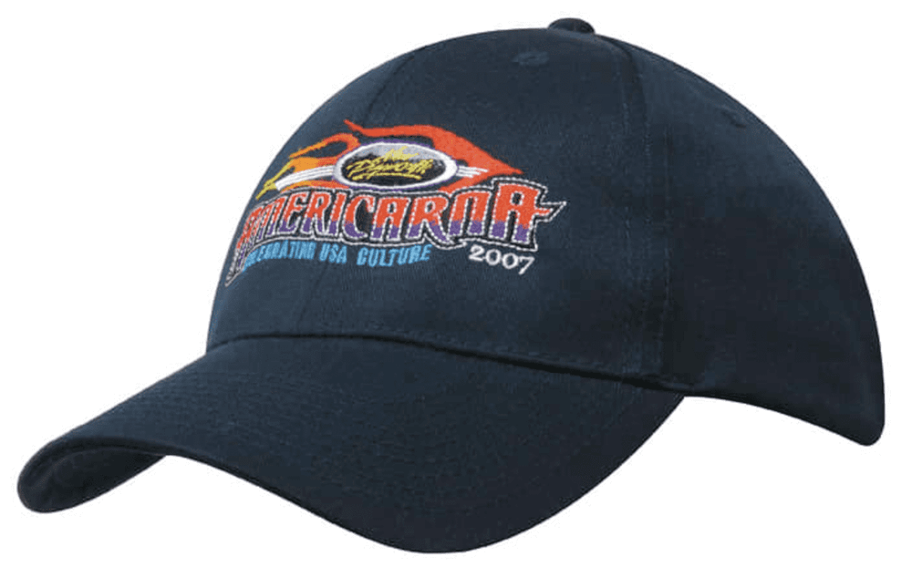 A navy cap featuring multicoloured embroidery and a logo on the front, showcasing a vintage design.