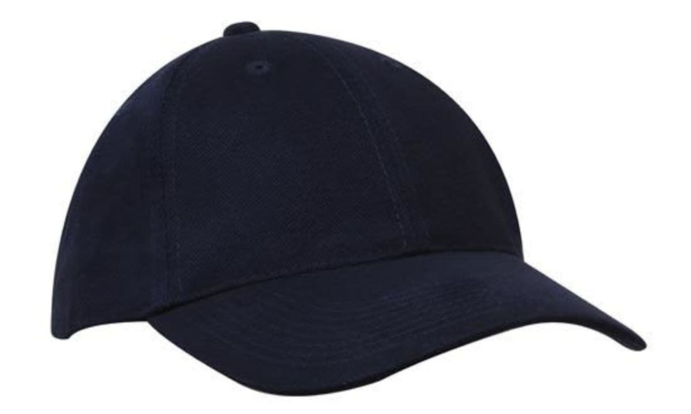 A navy blue cap featuring brushed heavy cotton and spandex with Dream Fit styling, complete with a logo.