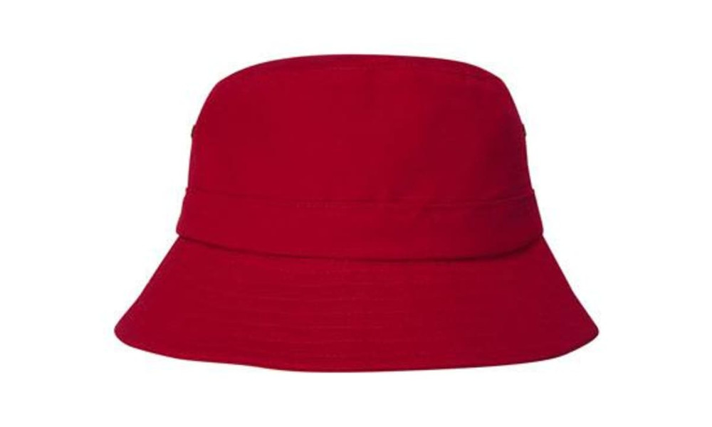 A red bucket hat with a wide brim and a layered band, designed for children. Features a logo.