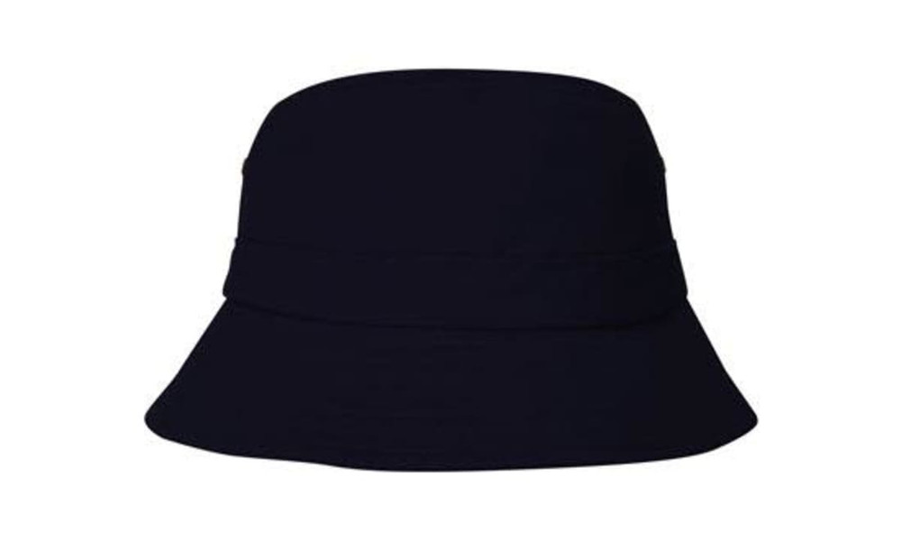 A navy blue infants' bucket hat featuring a wide brim and a stitched band. The hat has a logo on it.