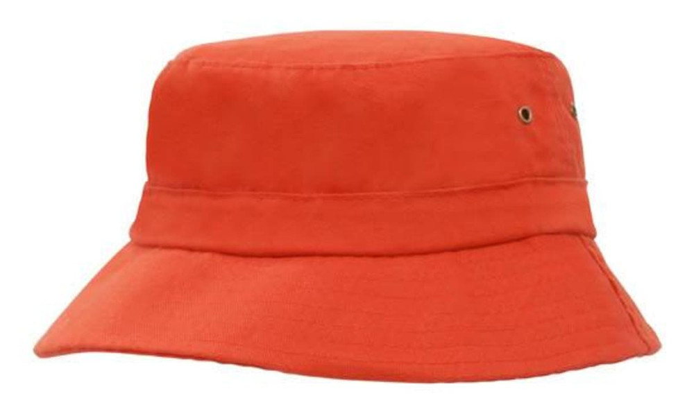 An orange infants' bucket hat made of brushed sports twill, featuring a rounded top and wide brim.