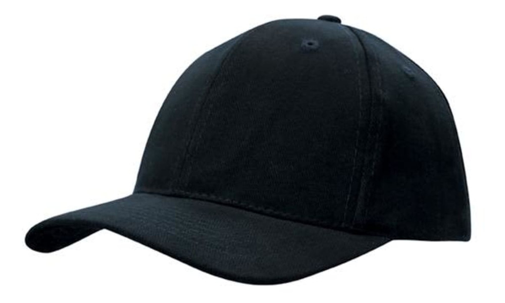 A black cap with a curved brim and a snapback closure, featuring a logo on the front.
