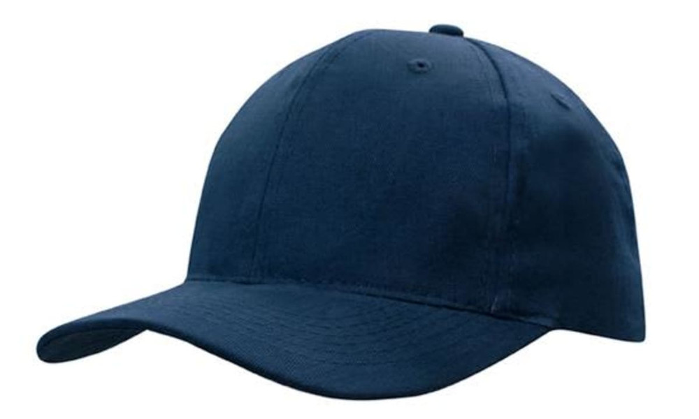 A navy blue cap with a rounded crown and a stiff brim. Features a branding logo.