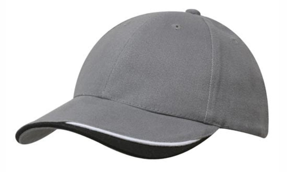 A grey cap with an indented peak and a contrasting black trim. It features a logo on the front.