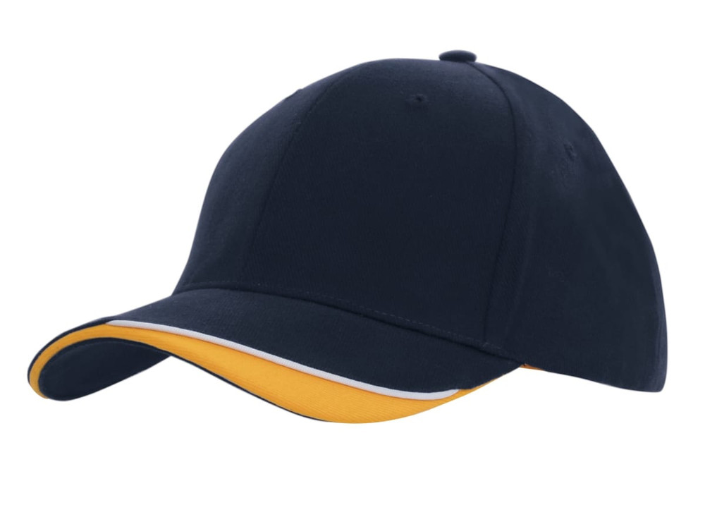 A navy blue cap with an indented peak and a yellow accent on the brim. The cap features a logo.