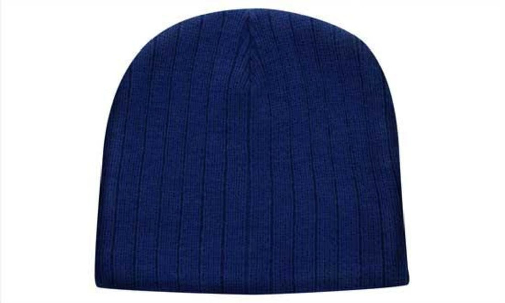 A cable knit beanie in dark blue with a ribbed texture and a small logo.