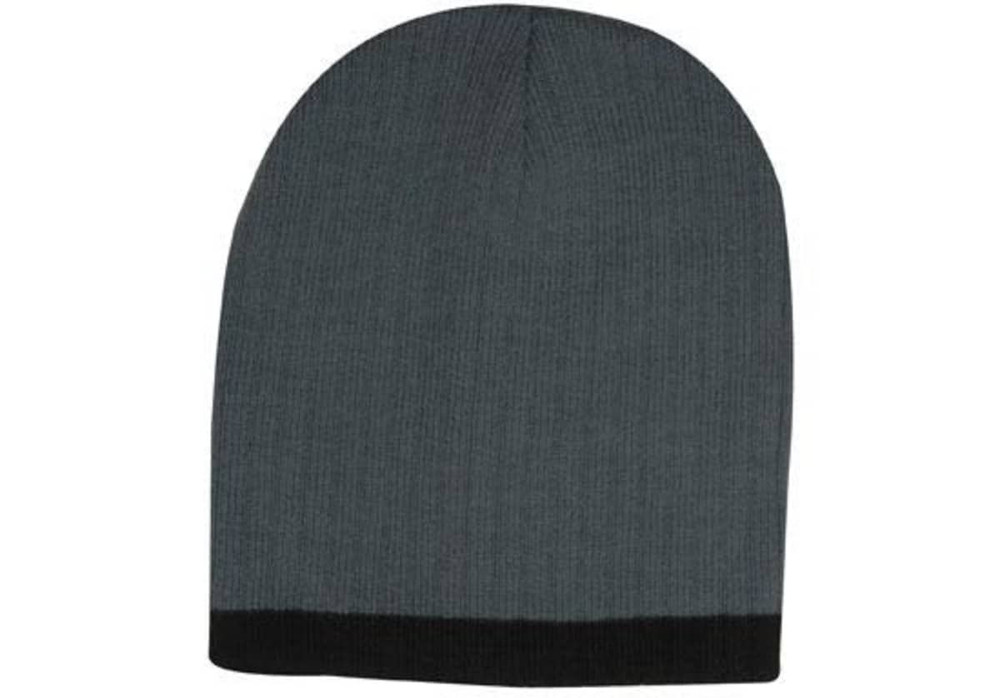 A two-tone cable knit beanie in grey with a black rim. It has a logo on one side.