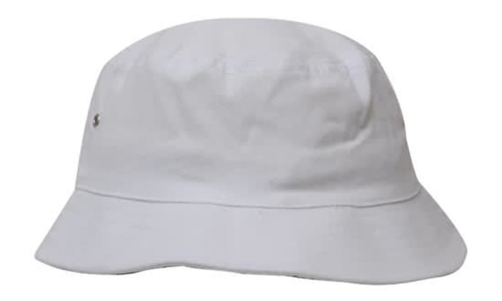 A white brushed sports twill bucket hat featuring a small logo on the side.