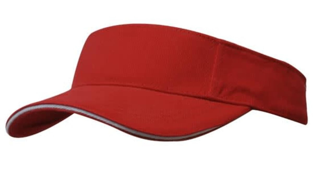 A red brushed heavy cotton visor with a contrasting trim and a logo on the front.