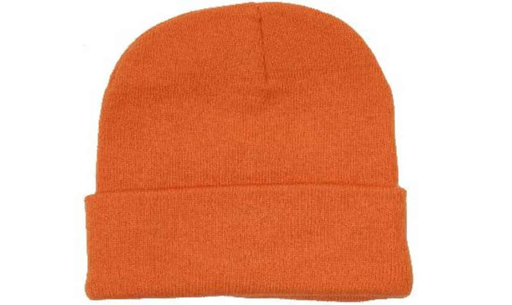 An orange acrylic beanie with a folded cuff. The beanie has a smooth texture and a simple design.