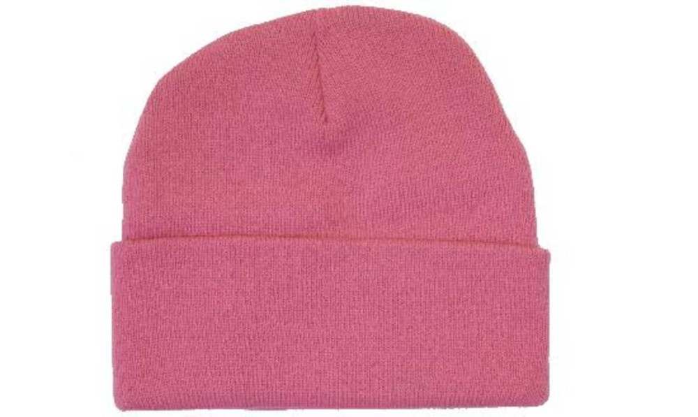 A pink acrylic beanie with a folded cuff, featuring a simple design. It has a branding logo on it.
