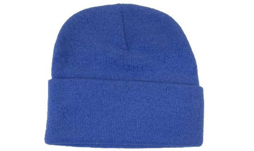 A blue acrylic beanie toque with a folded brim, featuring a logo on the side.
