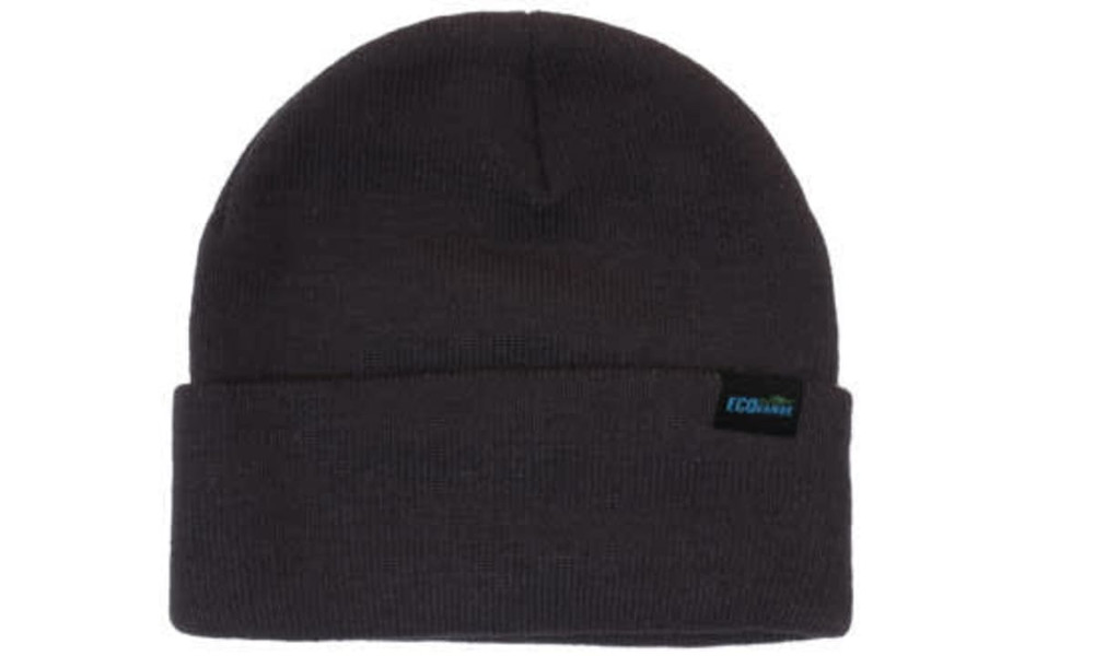 A black recycled roll-up beanie featuring a small logo on the side. Soft, knitted fabric designed for headwear.