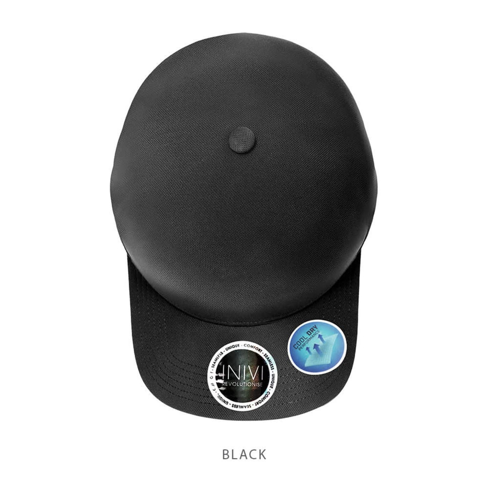 A black cap made of 100% polyester with a rounded crown and a flat brim, featuring a logo.