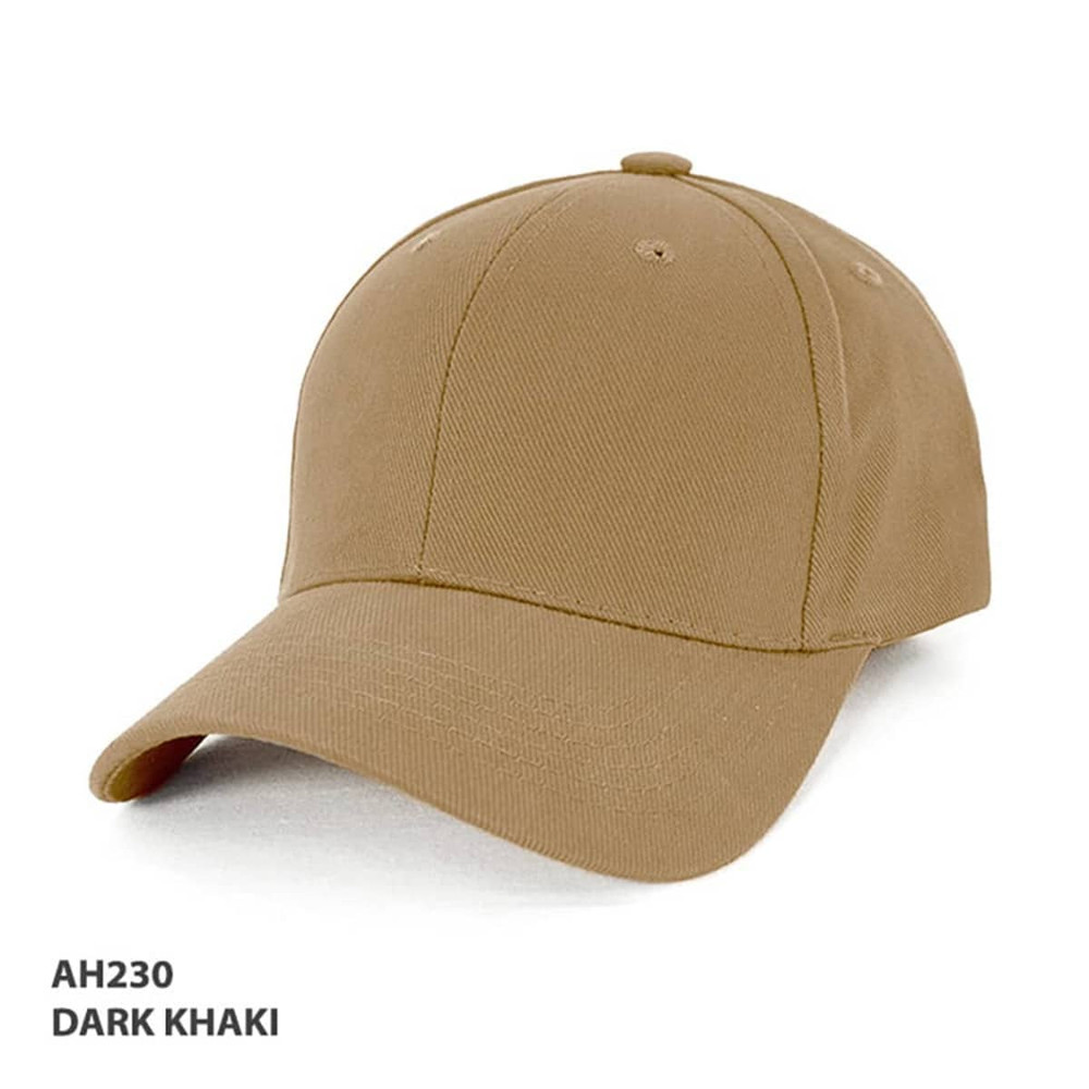 A dark khaki cap with a structured design and a curved brim, featuring a logo on the front.