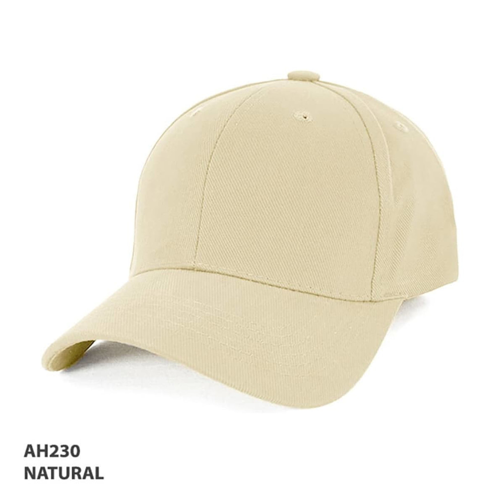 A heavy brushed cotton cap in natural colour with a rounded peak and branded logo.