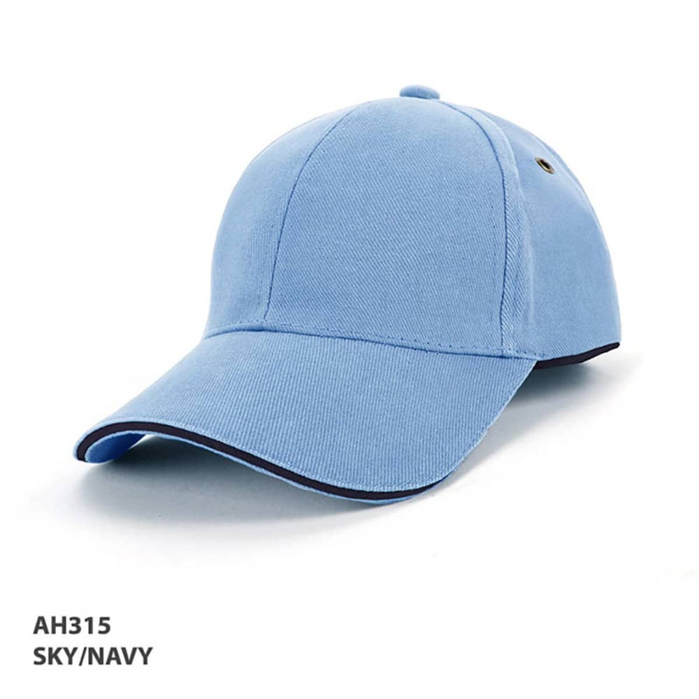 A sky blue cap with navy piping and a logo on the side.