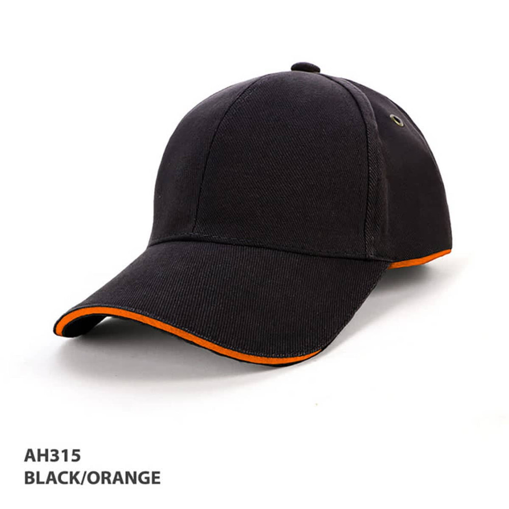 A black cap with orange piping, featuring an adjustable strap and a logo on the side.
