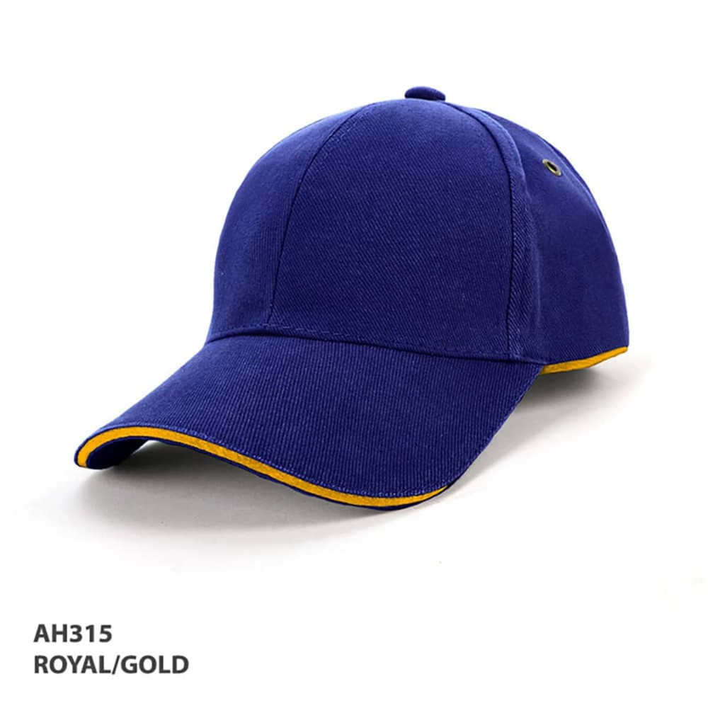 A royal blue cap with gold piping and a logo on the side, designed for headwear.