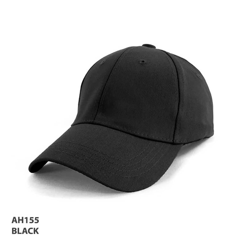 A black cotton spandex cap with a rounded brim and a logo.
