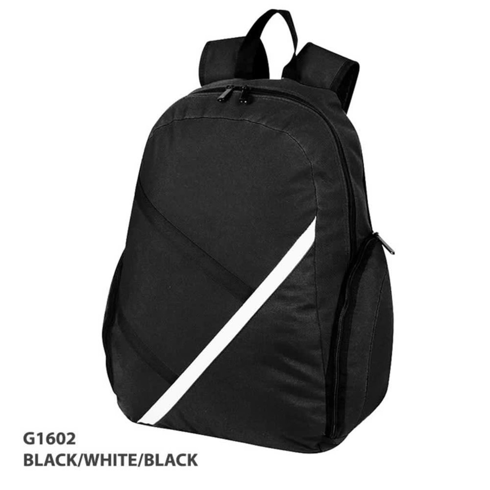 A black backpack with white accents, featuring padded shoulder straps and a side zipper compartment.