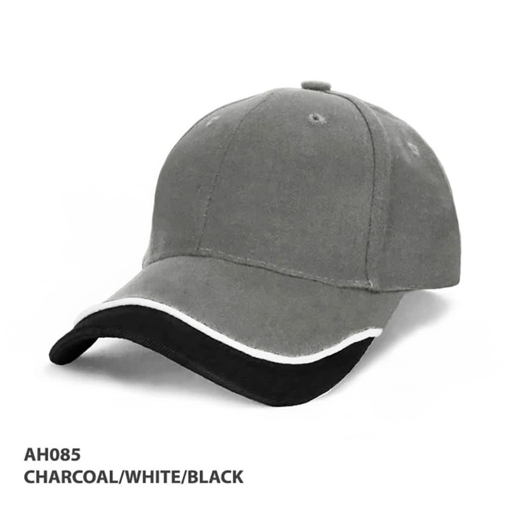 A charcoal, white, and black cap with a curved peak and a logo on the front.