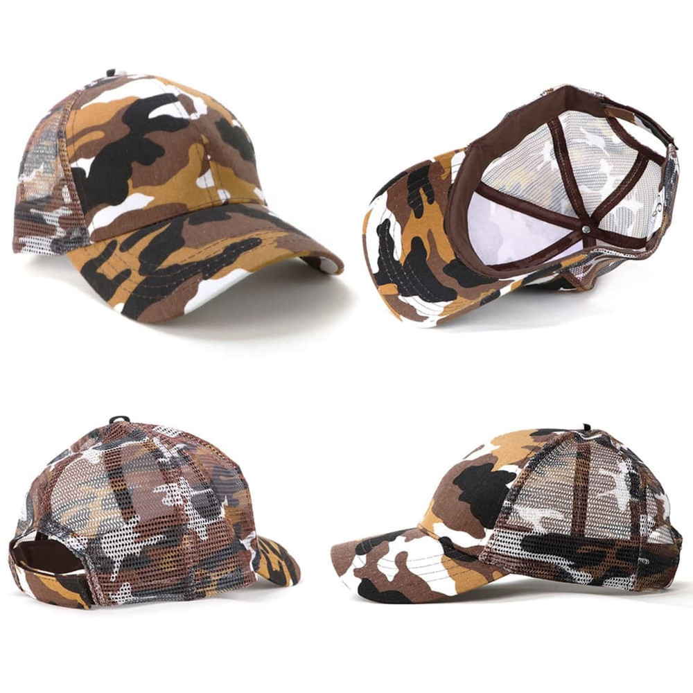 A camo-patterned 6-panel cap in shades of brown and green, featuring a mesh back and a logo.