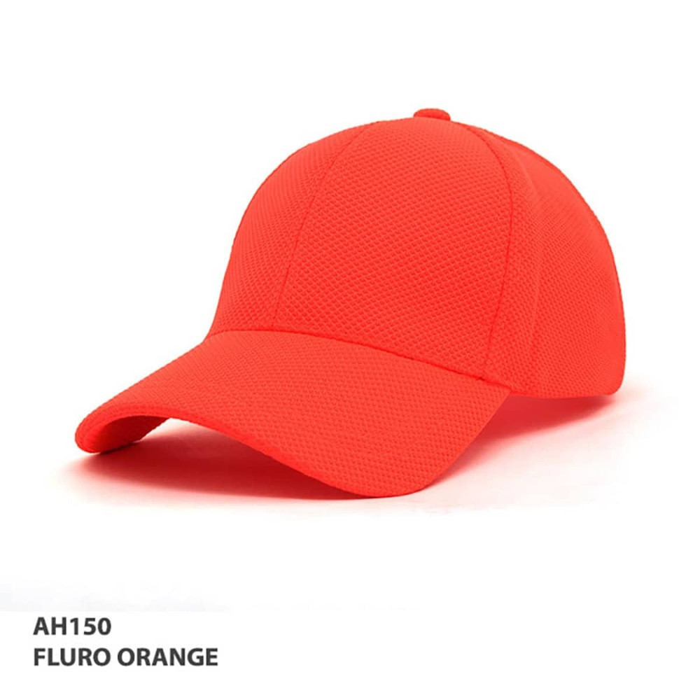 A fluro orange cap with a mesh design and a curved brim. It features a logo on the front.