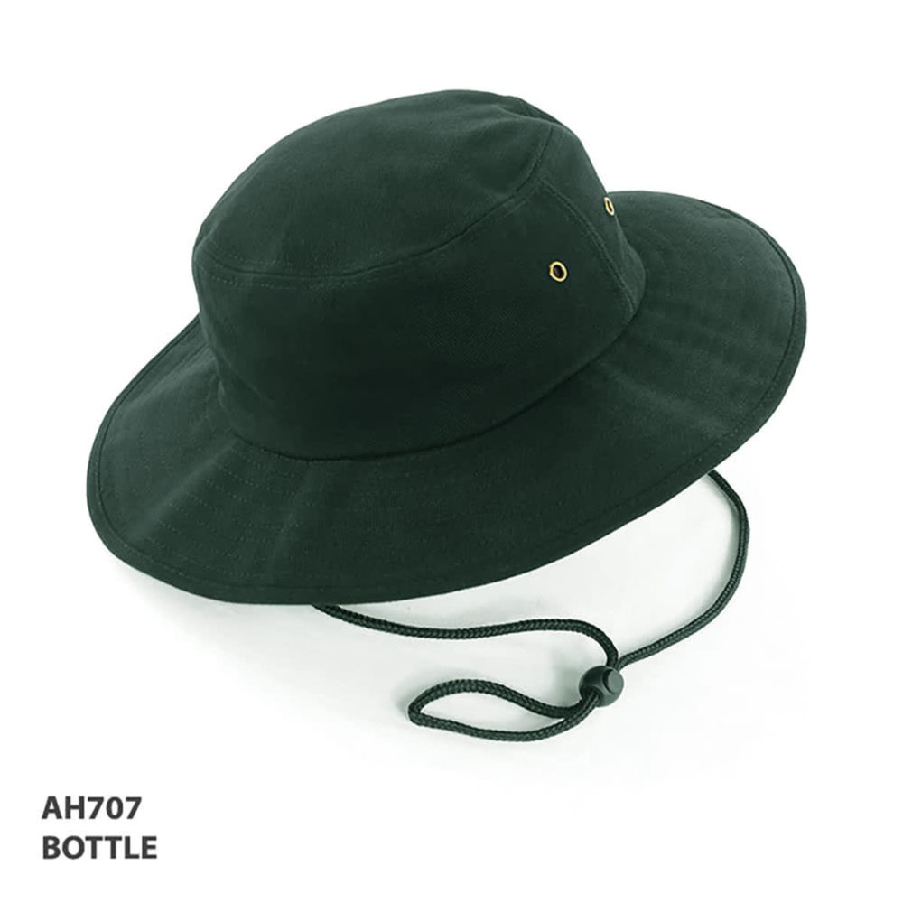 A green bucket hat with a wide brim and adjustable chin strap, featuring eyelets on the sides.