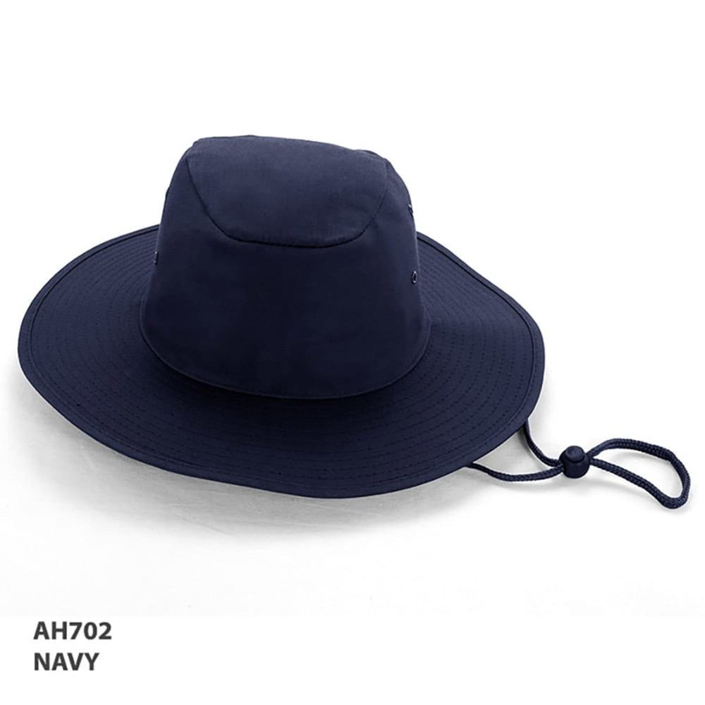 A navy poly cotton slouch hat with a wide brim and drawstring. It features ventilation holes and a structured crown.