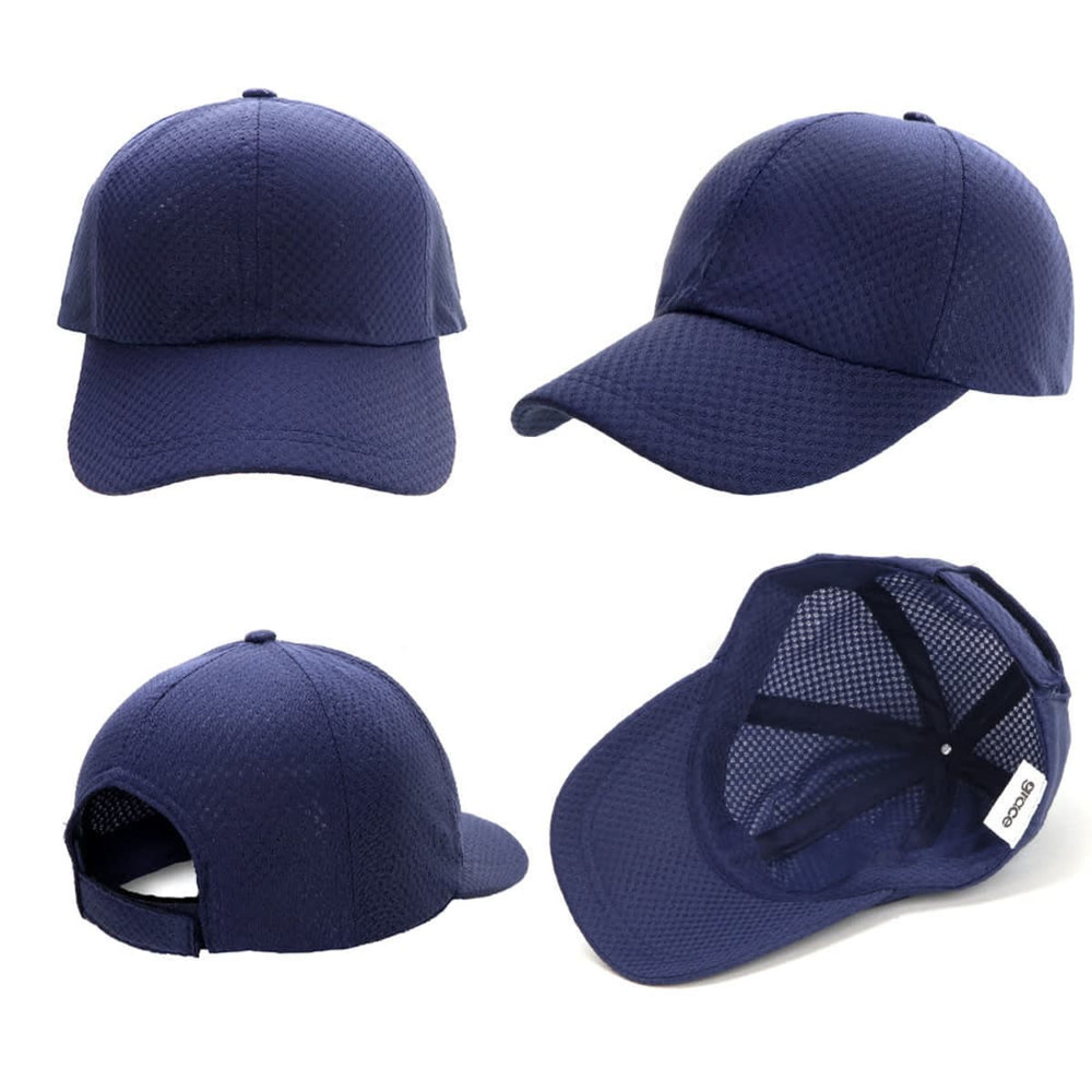 A navy blue Polymesh Cap featuring a structured design and a mesh back, with a logo displayed.