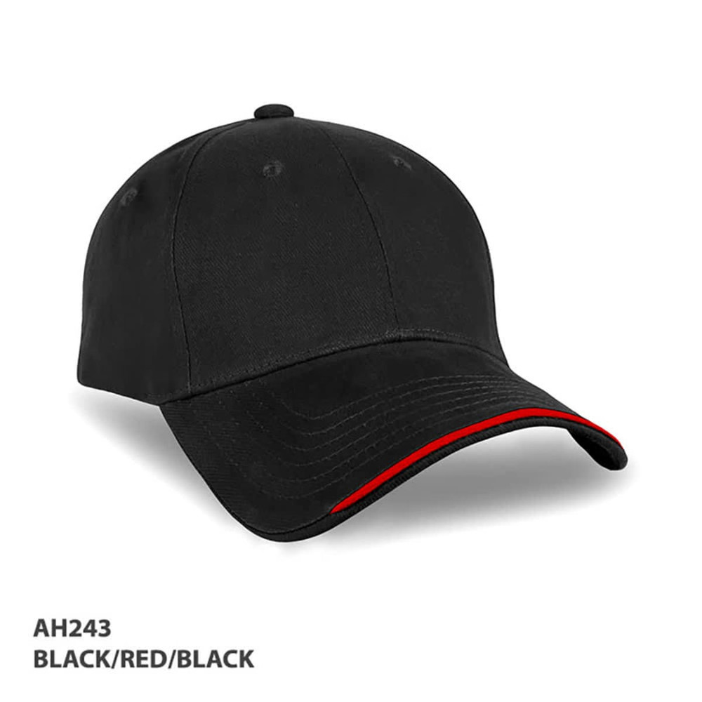 A black cap with a red accent on the brim, featuring a logo.